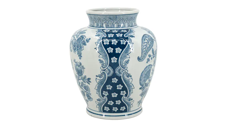 A 28cm white porcelain vase with a rounded body and flared rim, decorated with blue floral patterns A 28cm white porcelain vase with a rounded body and flared rim, decorated with blue floral patterns