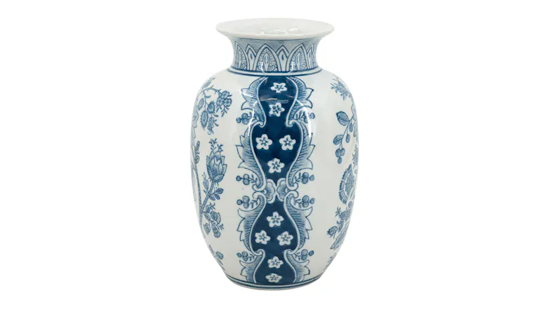 A 22cm white porcelain vase with a wide flared rim, decorated with blue floral motifs A 22cm white porcelain vase with a wide flared rim, decorated with blue floral motifs