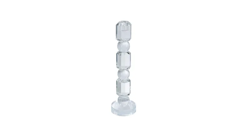 A 28cm taper clear glass candle holder with a stacked geometric bead design on a round base A 28cm taper clear glass candle holder with a stacked geometric bead design on a round base