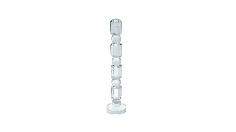 A 37cm taper clear glass candle holder with a stacked geometric bead design on a round base A 37cm taper clear glass candle holder with a stacked geometric bead design on a round base