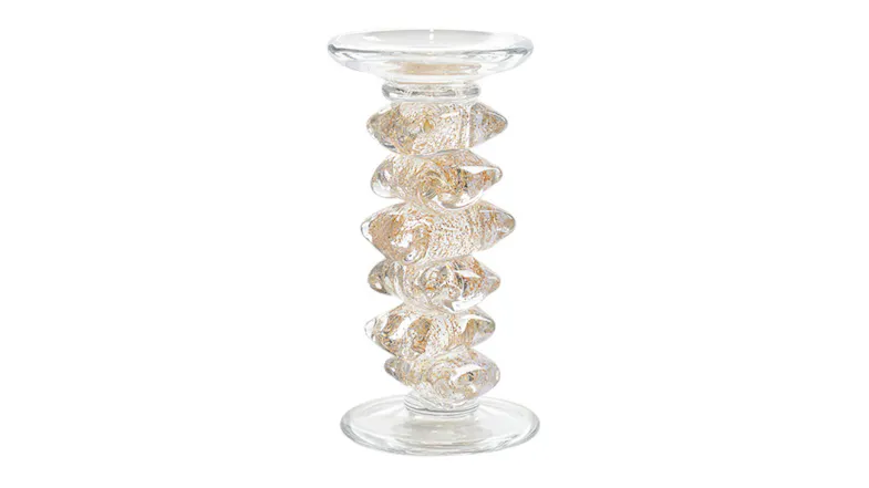 A 22.5cm clear glass candlestick with a textured, stacked pebble-style stem and gold accents A 22.5cm clear glass candlestick with a textured, stacked pebble-style stem and gold accents