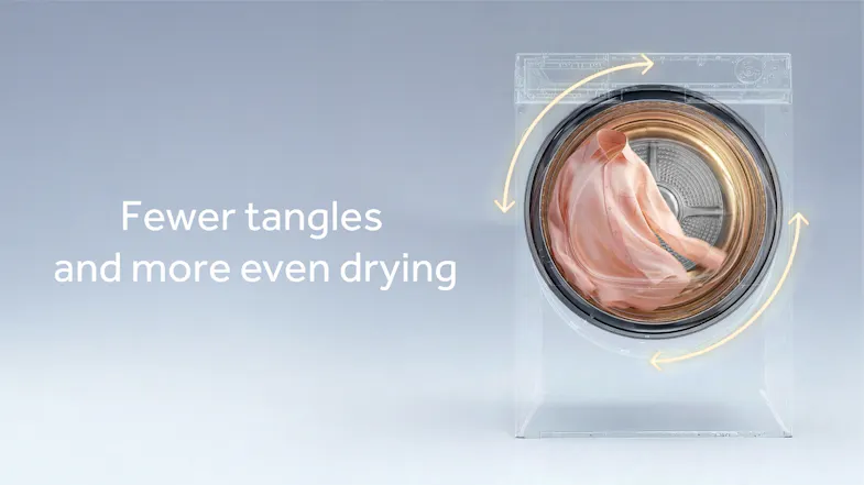 Pink shirt tumbling in a dryer with "Fewer tangles" text overlay Pink shirt tumbling in a dryer with "Fewer tangles" text overlay