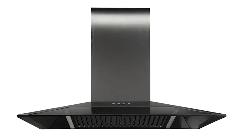 A Sirius 90cm wall-mounted rangehood featuring a sleek black finish and pyramid canopy A Sirius 90cm wall-mounted rangehood featuring a sleek black finish and pyramid canopy
