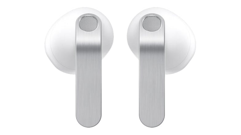 Front view of the two white Samsung Galaxy Buds4 earbuds, showing the outer metal‑textured stems Front view of the two white Samsung Galaxy Buds4 earbuds, showing the outer metal‑textured stems