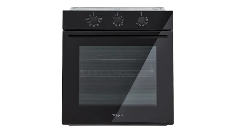 A front view of the Whirlpool 60cm Built‑In Smart Oven in black, showing the glass oven door A front view of the Whirlpool 60cm Built‑In Smart Oven in black, showing the glass oven door