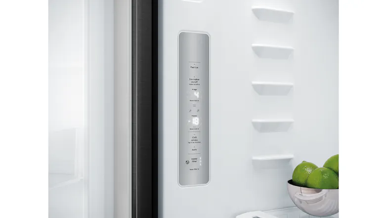 A close-up of the interior control panel on the side wall of the fridge, displaying temperature and mode settings A close-up of the interior control panel on the side wall of the fridge, displaying temperature and mode settings