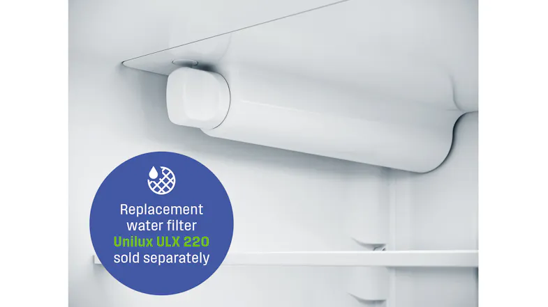 A close-up of the internal water filter inside, with a label noting that the replacement air filter is sold separately A close-up of the internal water filter inside, with a label noting that the replacement air filter is sold separately