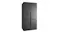 An angled view of the matte charcoal black Quad Door Fridge Freezer with Water Dispenser An angled view of the matte charcoal black Quad Door Fridge Freezer with Water Dispenser