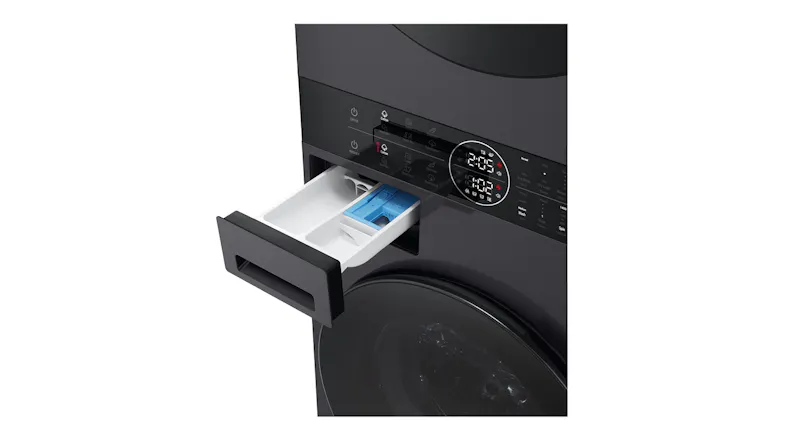 Angled view of the open detergent drawer and central control panel Angled view of the open detergent drawer and central control panel