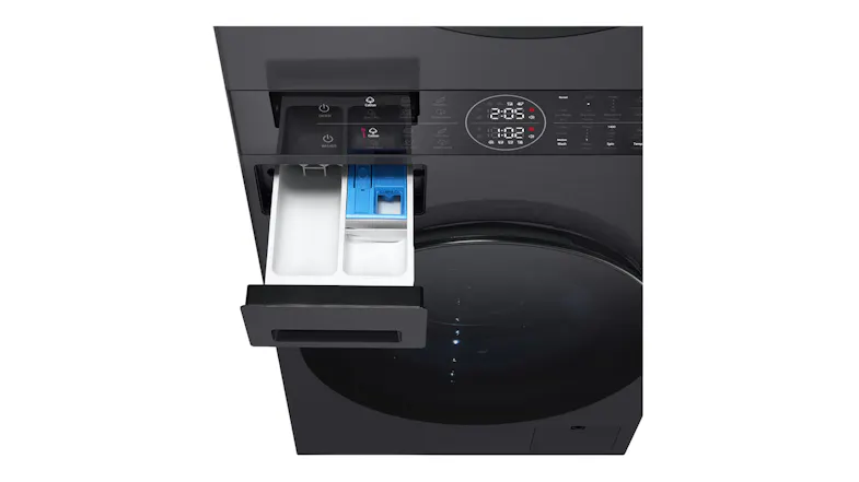 Top-down view of the three-compartment detergent and softener dispenser Top-down view of the three-compartment detergent and softener dispenser