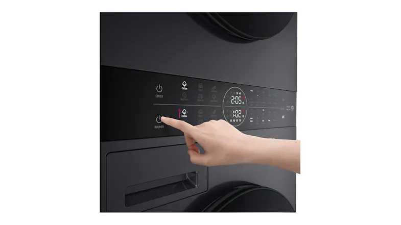 A finger touching the illuminated "Washer" power button on the panel A finger touching the illuminated "Washer" power button on the panel