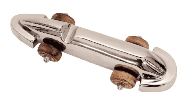 Silver aluminium decorative car with a smooth, rounded body and four wooden wheels Silver aluminium decorative car with a smooth, rounded body and four wooden wheels
