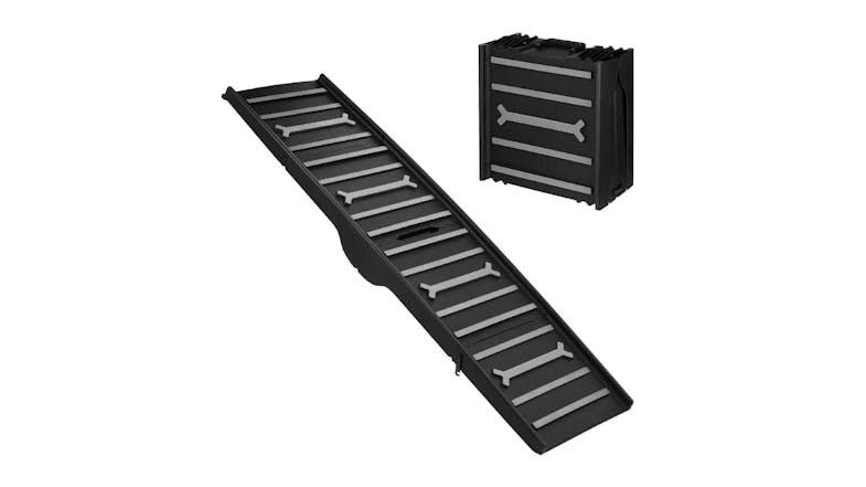 A black AFP Foldable Dog Ramp is shown open with a nonslip surface and a folded view beside it A black AFP Foldable Dog Ramp is shown open with a nonslip surface and a folded view beside it