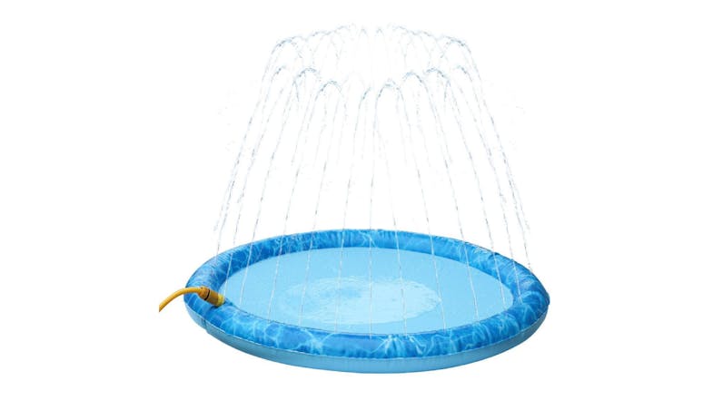A blue AFP Dog Sprinkler Pad with water spraying upward in an arc A blue AFP Dog Sprinkler Pad with water spraying upward in an arc