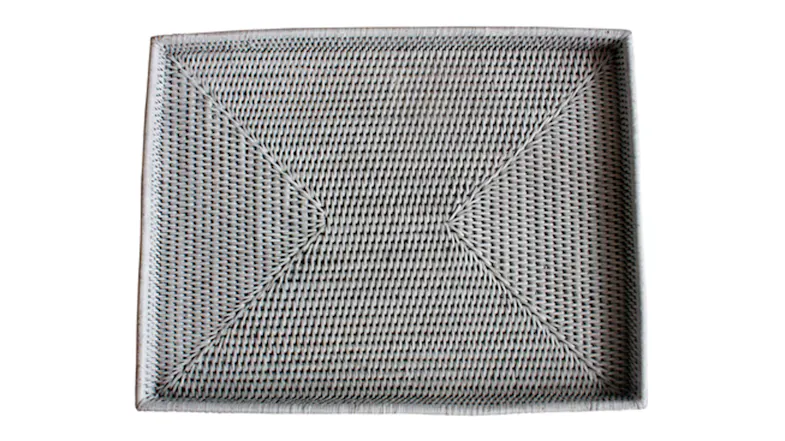 Top-down view of the Stanley White Rattan Tray, featuring a symmetrical geometric weave pattern Top-down view of the Stanley White Rattan Tray, featuring a symmetrical geometric weave pattern