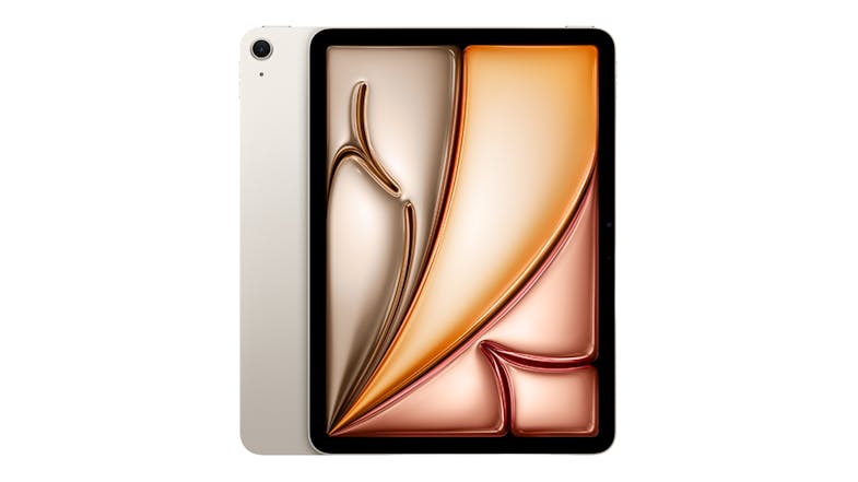 Front and back view of the 11‑inch iPad Air in Starlight, showing the edge‑to‑edge display and the rear camera Front and back view of the 11‑inch iPad Air in Starlight, showing the edge‑to‑edge display and the rear camera