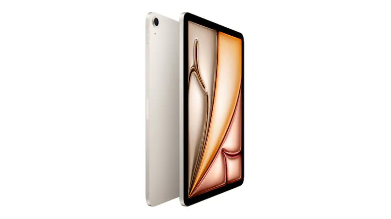 Angled view of the 11‑inch iPad Air in Starlight, displaying the front screen design and slim rear casing Angled view of the 11‑inch iPad Air in Starlight, displaying the front screen design and slim rear casing