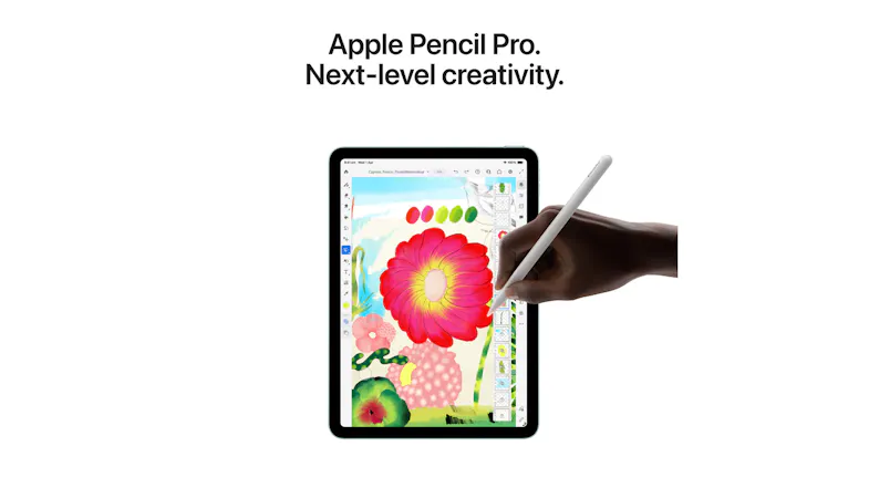 A hand using the Apple Pencil Pro to paint a vibrant red flower on the 13-inch iPad Air A hand using the Apple Pencil Pro to paint a vibrant red flower on the 13-inch iPad Air