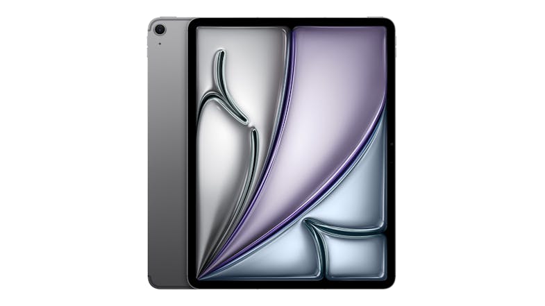Front and back view of the 13-inch iPad Air in Space Grey with a metallic abstract wallpaper Front and back view of the 13-inch iPad Air in Space Grey with a metallic abstract wallpaper