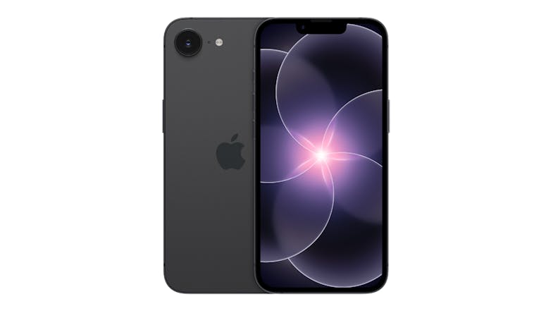 A black iPhone 17e shown from the front and back, featuring a wallpaper and a single rear camera with flash A black iPhone 17e shown from the front and back, featuring a wallpaper and a single rear camera with flash