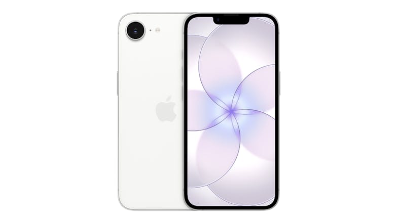 A white iPhone 17e shown from the front and back, featuring a wallpaper and a single rear camera with flash A white iPhone 17e shown from the front and back, featuring a wallpaper and a single rear camera with flash