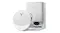 Top view of a white robot vacuum positioned beside its docking station Top view of a white robot vacuum positioned beside its docking station