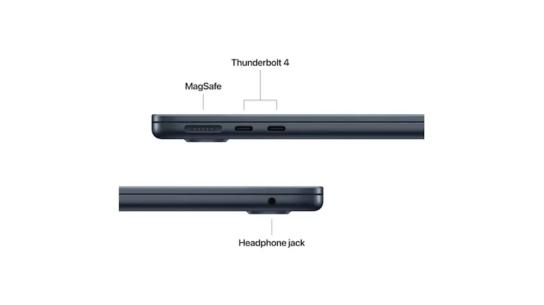 Labeled diagram of the MacBook Air's connectivity options, including MagSafe, two Thunderbolt 4 ports, and a 3.5mm headphone jack Labeled diagram of the MacBook Air's connectivity options, including MagSafe, two Thunderbolt 4 ports, and a 3.5mm headphone jack