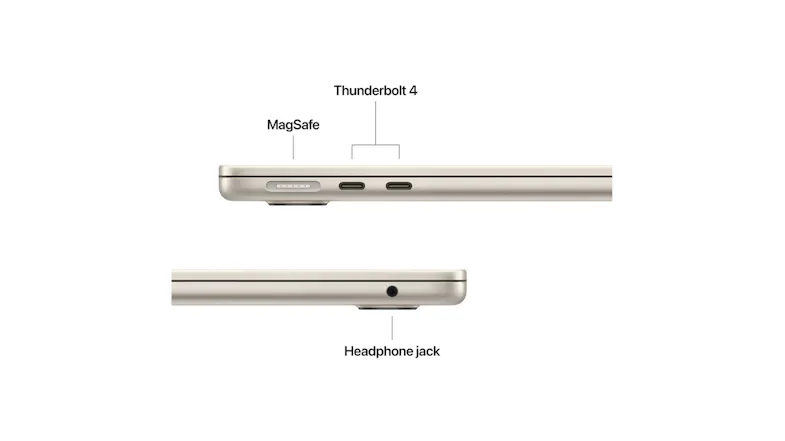 Labeled diagram of the MacBook Air's connectivity options, including MagSafe, two Thunderbolt 4 ports, and a 3.5mm headphone jack Labeled diagram of the MacBook Air's connectivity options, including MagSafe, two Thunderbolt 4 ports, and a 3.5mm headphone jack