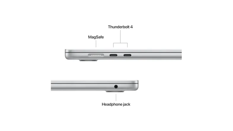 Close-up of the laptop’s side ports, labelled MagSafe, two Thunderbolt 4 ports, and a 3.5mm headphone jack Close-up of the laptop’s side ports, labelled MagSafe, two Thunderbolt 4 ports, and a 3.5mm headphone jack