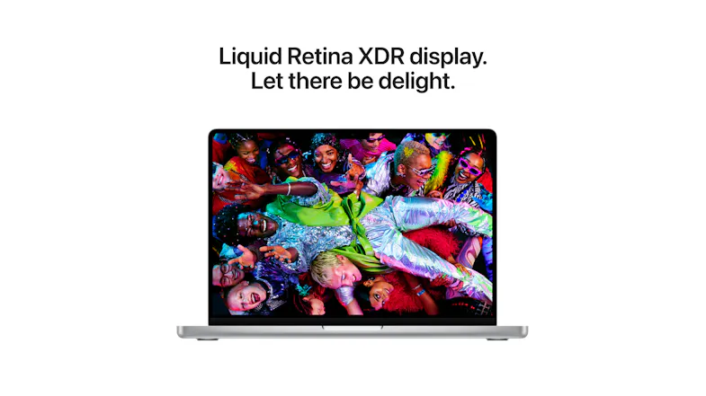 MacBook Pro display showcasing a vivid, colourful scene with the text Liquid Retina XDR display MacBook Pro display showcasing a vivid, colourful scene with the text Liquid Retina XDR display