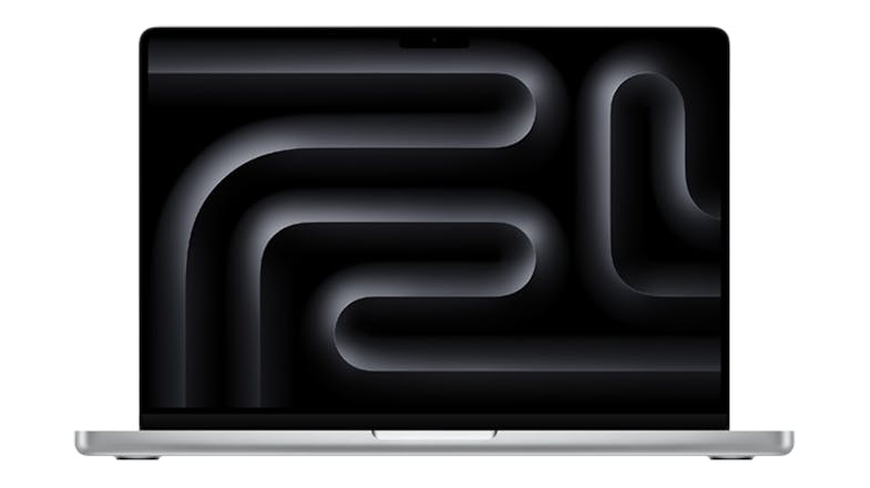 Front view of a 14‑inch MacBook Pro in silver with the display showing a dark abstract curved pattern Front view of a 14‑inch MacBook Pro in silver with the display showing a dark abstract curved pattern
