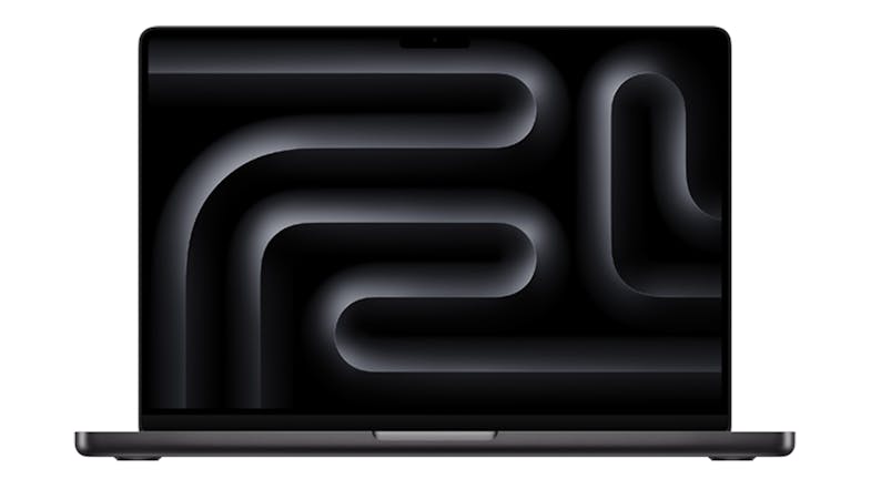 Front view of a 14‑inch MacBook Pro in space black with the display showing a dark abstract curved pattern Front view of a 14‑inch MacBook Pro in space black with the display showing a dark abstract curved pattern