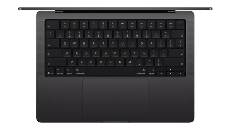 Top‑down view of the MacBook Pro keyboard and large trackpad, highlighting the keys and space black body Top‑down view of the MacBook Pro keyboard and large trackpad, highlighting the keys and space black body