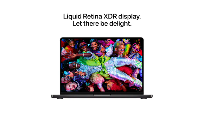 MacBook Pro display showcasing a vivid, colourful scene with the text Liquid Retina XDR display MacBook Pro display showcasing a vivid, colourful scene with the text Liquid Retina XDR display