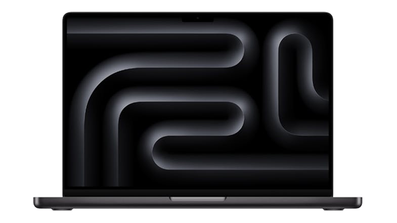 Front view of a 14‑inch MacBook Pro in space black with the display showing a dark abstract curved pattern Front view of a 14‑inch MacBook Pro in space black with the display showing a dark abstract curved pattern