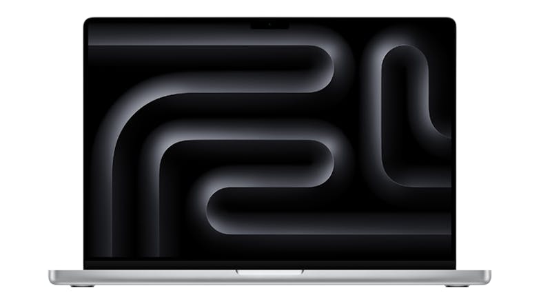 A silver 16” MacBook Pro open on a desk, displaying a wallpaper on the Liquid Retina screen A silver 16” MacBook Pro open on a desk, displaying a wallpaper on the Liquid Retina screen