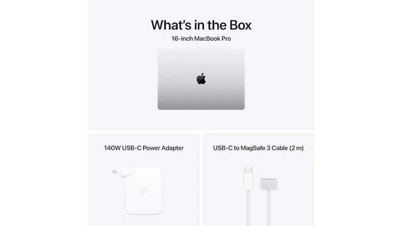 “What's in the Box” graphic showing the 16-inch MacBook Pro, a USB‑C power adapter, and a USB‑C to MagSafe 3 cable “What's in the Box” graphic showing the 16-inch MacBook Pro, a USB‑C power adapter, and a USB‑C to MagSafe 3 cable