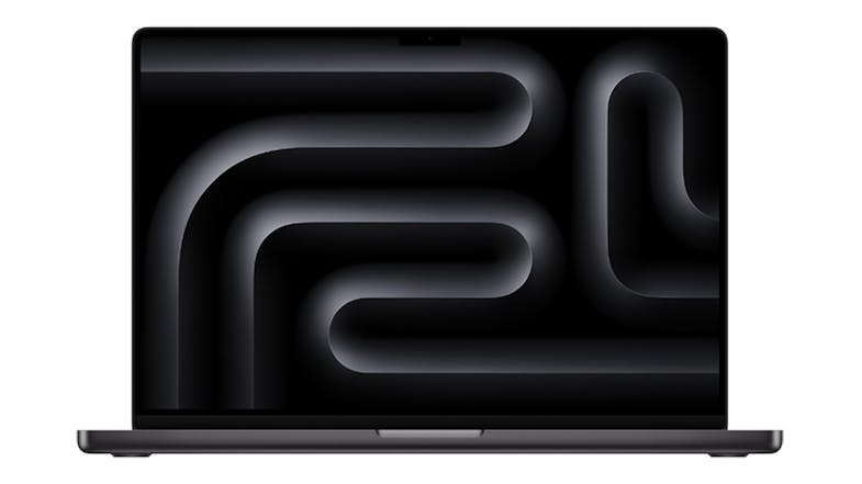 A space black 16” MacBook Pro open on a desk, displaying a wallpaper on the Liquid Retina screen A space black 16” MacBook Pro open on a desk, displaying a wallpaper on the Liquid Retina screen