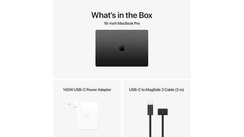 “What's in the Box” graphic showing the 16-inch MacBook Pro, a USB‑C power adapter, and a USB‑C to MagSafe 3 cable “What's in the Box” graphic showing the 16-inch MacBook Pro, a USB‑C power adapter, and a USB‑C to MagSafe 3 cable