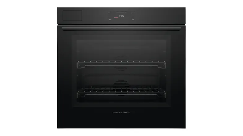 Front view of the Fisher & Paykel Series 11 76cm built‑in smart steam oven in black glass finish Front view of the Fisher & Paykel Series 11 76cm built‑in smart steam oven in black glass finish