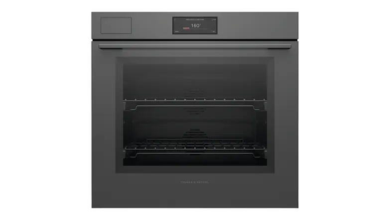 Front view of the Fisher & Paykel Series 11 76cm built‑in smart steam oven in grey glass finish Front view of the Fisher & Paykel Series 11 76cm built‑in smart steam oven in grey glass finish