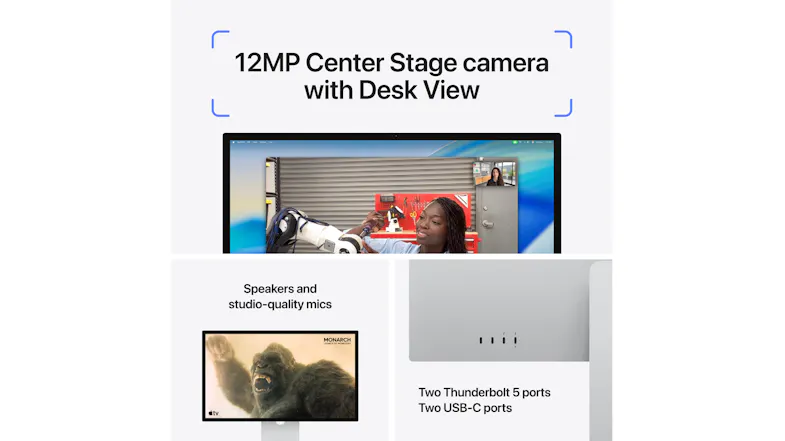 An infographic that showcases the monitor's 12MP Center Stage Camera, speakers, mics, and ports An infographic that showcases the monitor's 12MP Center Stage Camera, speakers, mics, and ports