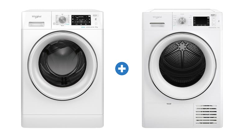 Front view of Whirlpool 10kg Front Loader Washer and 9kg Heat Pump Condenser Dryer side-by-side Front view of Whirlpool 10kg Front Loader Washer and 9kg Heat Pump Condenser Dryer side-by-side