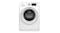 Front-facing view of white Whirlpool 10kg front loader washing machine with digital display and silver dial Front-facing view of white Whirlpool 10kg front loader washing machine with digital display and silver dial