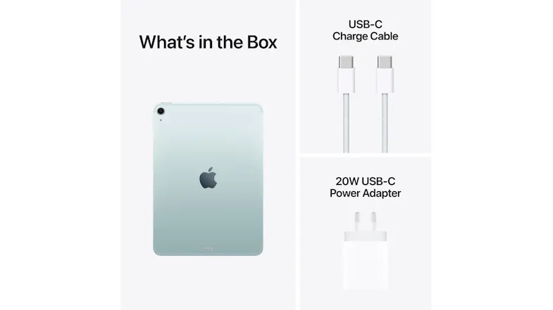 What’s in the box layout showing the back of the iPad Air, a USB‑C charge cable, and a 20W USB‑C power adapter What’s in the box layout showing the back of the iPad Air, a USB‑C charge cable, and a 20W USB‑C power adapter