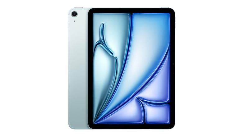 Front and back view of the 11‑inch iPad Air in Blue, showing its edge‑to‑edge display and the rear camera Front and back view of the 11‑inch iPad Air in Blue, showing its edge‑to‑edge display and the rear camera
