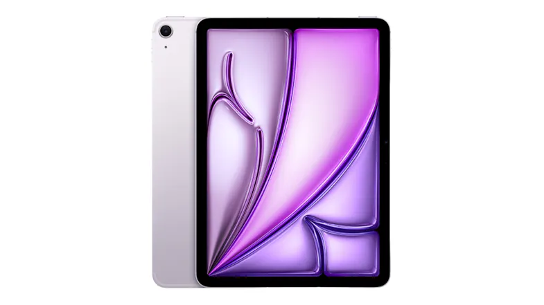 Front and back view of the 11‑inch iPad Air in Purple, showing its edge‑to‑edge display and the rear camera Front and back view of the 11‑inch iPad Air in Purple, showing its edge‑to‑edge display and the rear camera