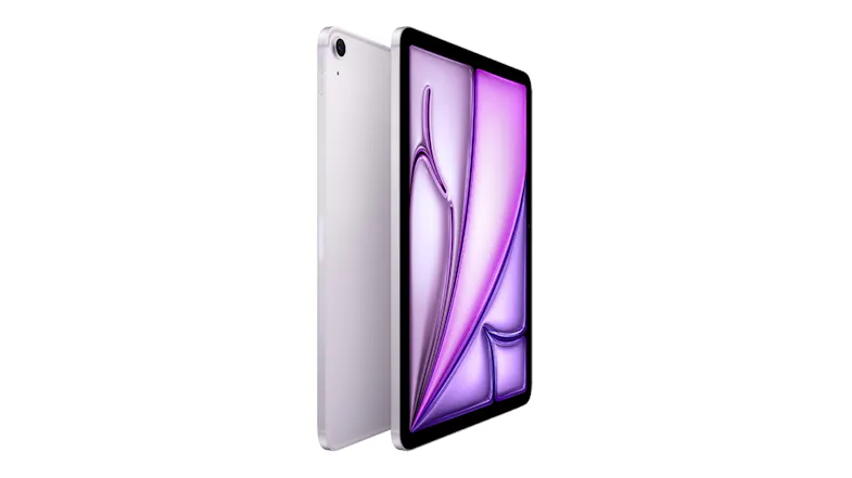 Angled view of the iPad Air in Purple, highlighting the slim design, large display, and rear camera Angled view of the iPad Air in Purple, highlighting the slim design, large display, and rear camera