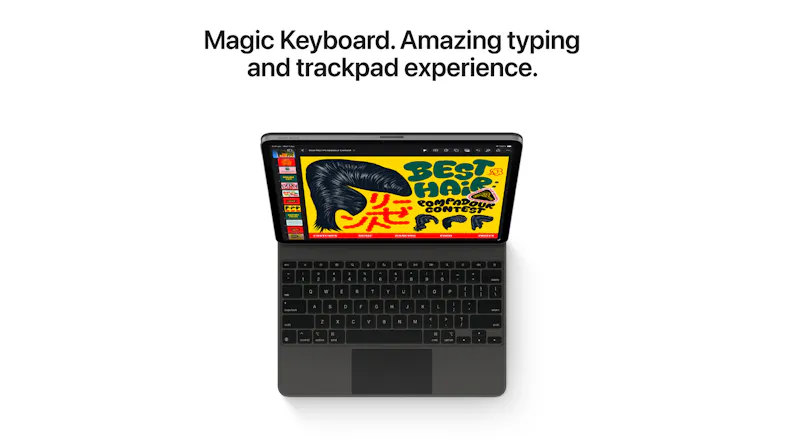 iPad Air attached to a Magic Keyboard displaying a bright illustration iPad Air attached to a Magic Keyboard displaying a bright illustration