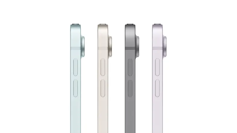 Side profiles of the iPad Air in four colours, showing the thin frame, camera bump, and volume buttons Side profiles of the iPad Air in four colours, showing the thin frame, camera bump, and volume buttons